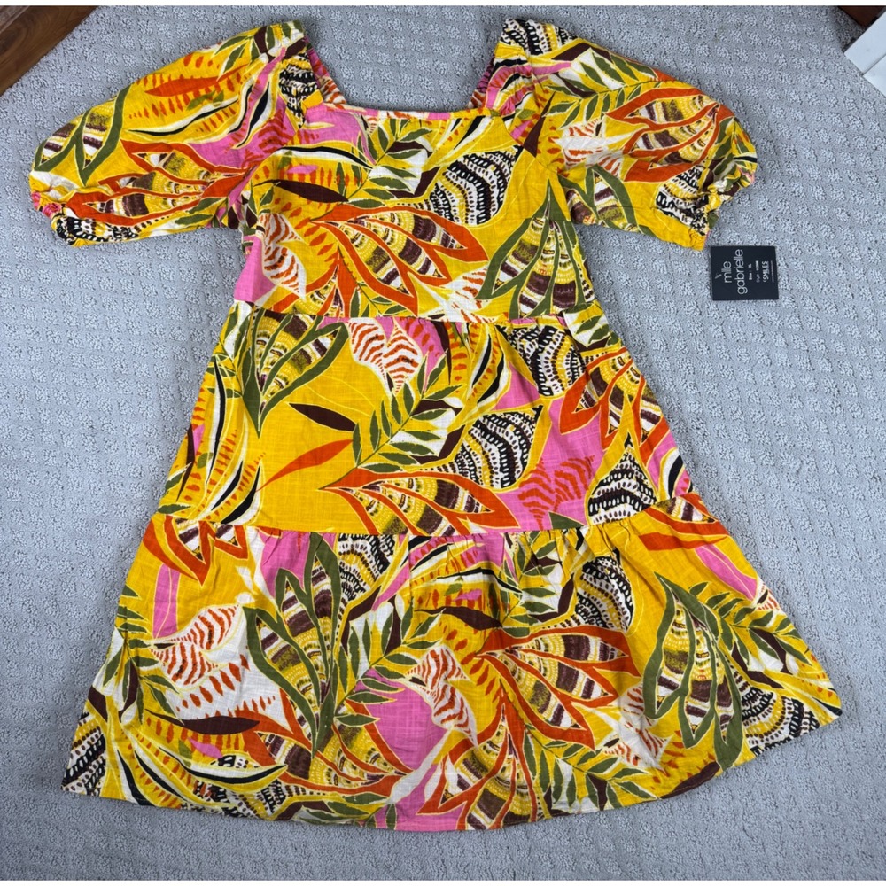 Mlle Gabrielle Tropical Leaf Print Puff Sleeve Tiered Mini Dress Yellow XL NEW